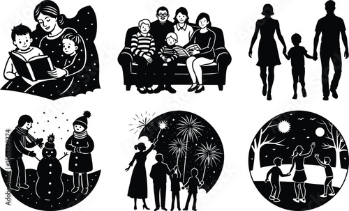Families Silhouette minimal black family silhouettes Happy family silhouette set on white background