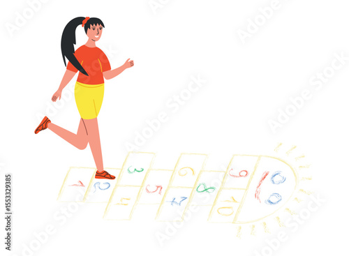 Teenage girl playing hopscotch jumping on squares drawn on the sidewalk asphalt