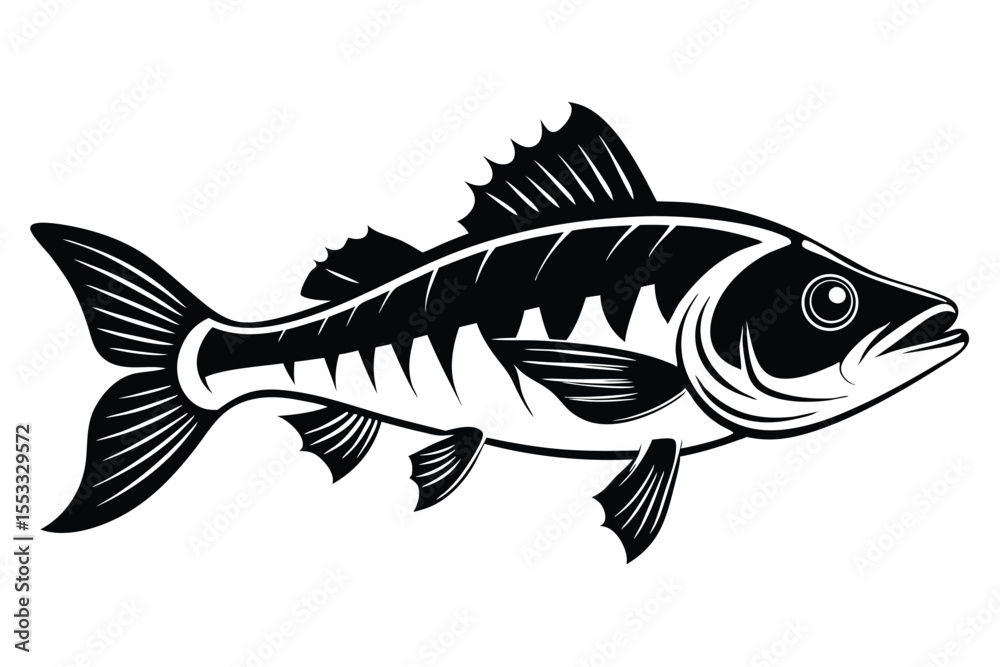 Obraz premium Black and White Fish Vector Illustration, Stylized Fins and Gills Design, Angling Graphic
