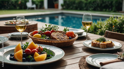 Outdoor meal table with brunch dishes, garden or patio setting, home-cooked weekend celebration.