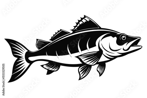 Black and White Illustration of a Detailed Fish with Fins and Tail Swimming Graphic