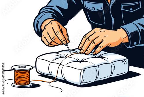 Illustration of a person sewing a white buttoned cushion with orange thread, showcasing handcraft and textile work