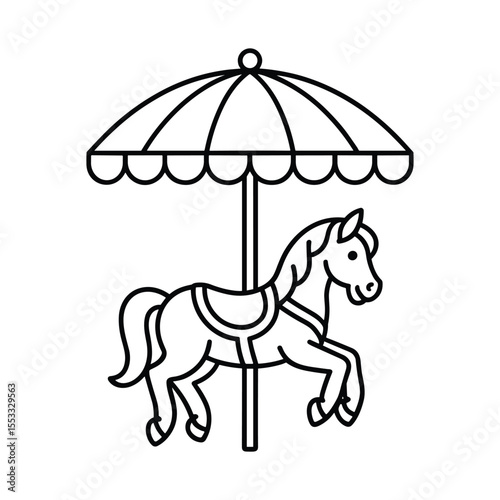Carousel Horse Outline Illustration with Umbrella for Coloring and Design