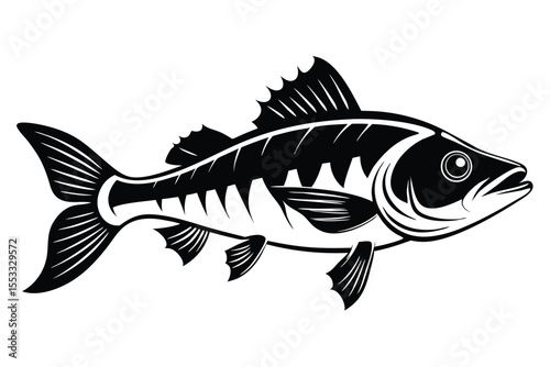 Black and White Fish Vector Illustration, Stylized Fins and Gills Design, Angling Graphic