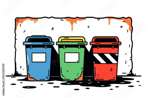Three Colorful Recycling Bins Illustration for Waste Management and Environmental Awareness Campaign