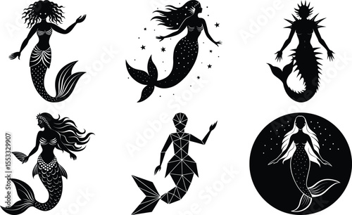 Silhouettes of a mermaid. Mermaid silhouette vector collection on transparent background  Vector illustration