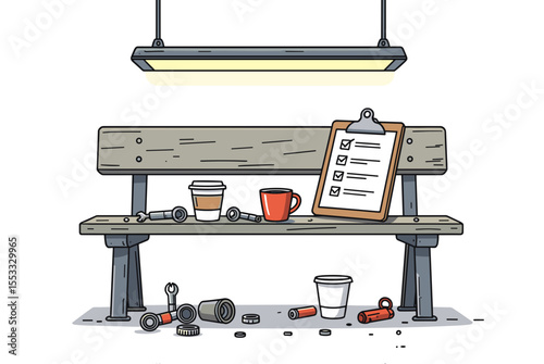 Illustration of a Bench with Checklist, Coffee Cups, and Scattered Items, Representing Overwork and Stress