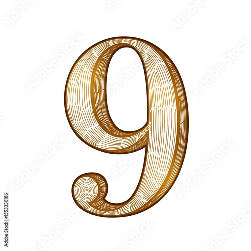 Drawing of a namber 9 gold isolated on a white background