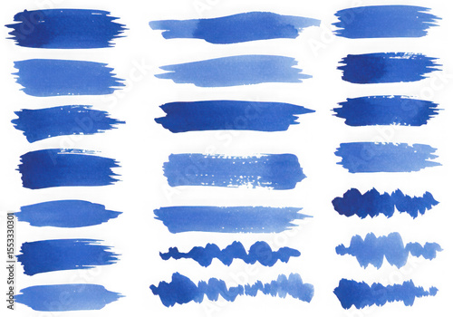 Collection of blue brush strokes isolated on transparent background