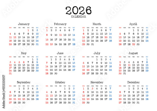 2026年の年間カレンダー日曜始まりタイプライター風文字 横位置