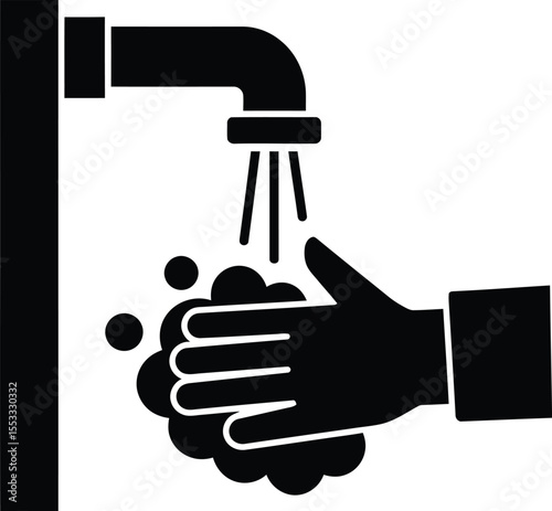 Black silhouette of a hand being washed under a faucet with water and soap.