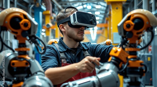 Young man in VR glasses repairing robots at work in a manufacturing plant