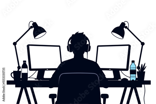 Silhouette of a Person Working at a Desk with Two Monitors and Lamps, Vector Illustration
