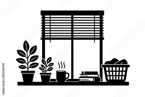 Black and White Window Still Life with Plants, Coffee, Books, and Laundry Basket Illustration