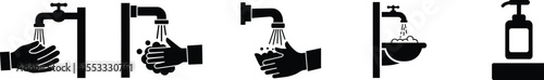 Icon Set Collection Sequence illustrating hand washing steps, from water to soap.