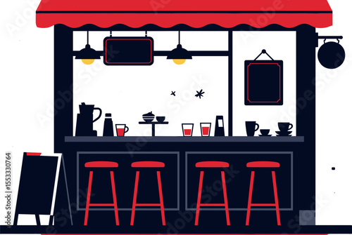 Stylish Coffee Shop or Cafe Stand with Red Awning and Stools Illustration, Minimalist Design