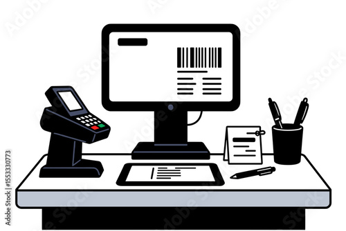Illustration of a Point of Sale (POS) System with Computer, Card Reader, Tablet, and Office Supplies on a Desk