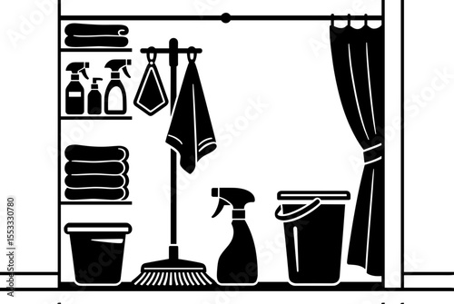 Black and White Illustration of a Cleaning Supply Closet with Sprays, Buckets, Towels, and a Mop