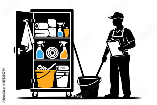 Silhouette of a Cleaning Service Worker with Cleaning Supplies Cabinet, Vector Illustration for Commercial Use