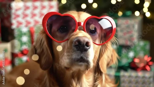 Festive Golden Retriever Dog Wearing Heart Sunglasses near Gifts