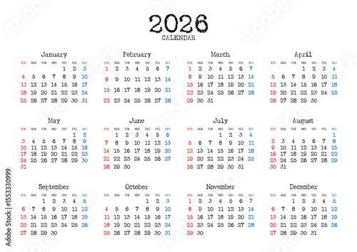 2026年の年間カレンダー日曜始まり 日本の祝日表記無し タイプライター風文字 横位置
