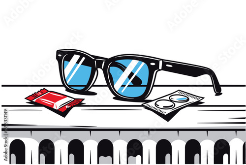 Sunglasses with Blue Lenses, Candy, and Contact Lenses on a White Surface Illustration