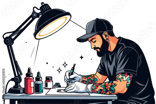 Tattoo Artist at Work: Detailed Illustration of a Bearded Man Creating Tattoo Designs Under Bright Lamp Light