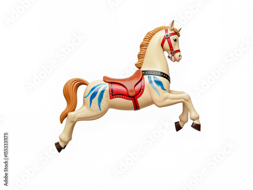Vintage rocking horse with red saddle jumping on white background  