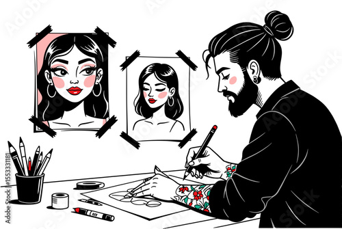 Artist Drawing Portrait Sketches in Studio with Tattooed Arm and Hair Bun, Black and White Illustration