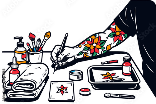 Tattoo Artist at Work: Detailed Illustration of Tattooing Process with Floral Tattoo Design