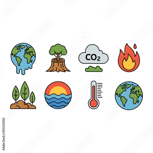 Illustrative icons representing global warming climate change environmental issues and concerns