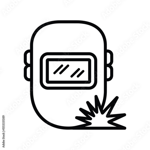 Welding Mask Icon with Sparks Black Outline on White Background