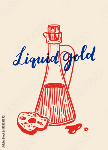 Olive oil poster with hand drawn bottle, olives, bread and hand written text in blue ink on beige background. Vintage style vector illustration