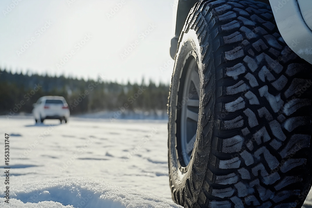Naklejka premium Close-up of winter tires on a snow-covered road with a house in the background,