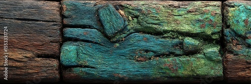 Historic wooden plank with green patina detail observed in an archaeological site during daylight