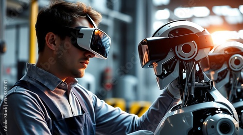 Serious man in VR glasses analyzes for repair one humanoid robot in a closed room