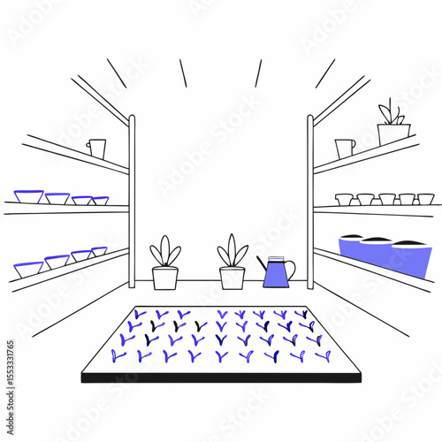 Gardening space with seedling trays and potted plants in a nursery  