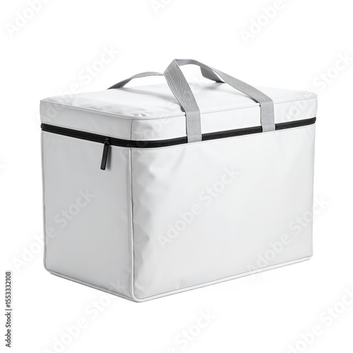 White insulated cooler bag with carrying handles for picnic or delivery services on transparent background