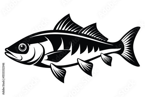 Elegant Black and White Illustration of a Fish with Detailed Fins and Tail