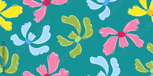 Abstract flower art seamless pattern illustration. Organic nature floral background in vintage style. Spring season decoration texture, drawing print, abstract backgrounds. Vector illustration.