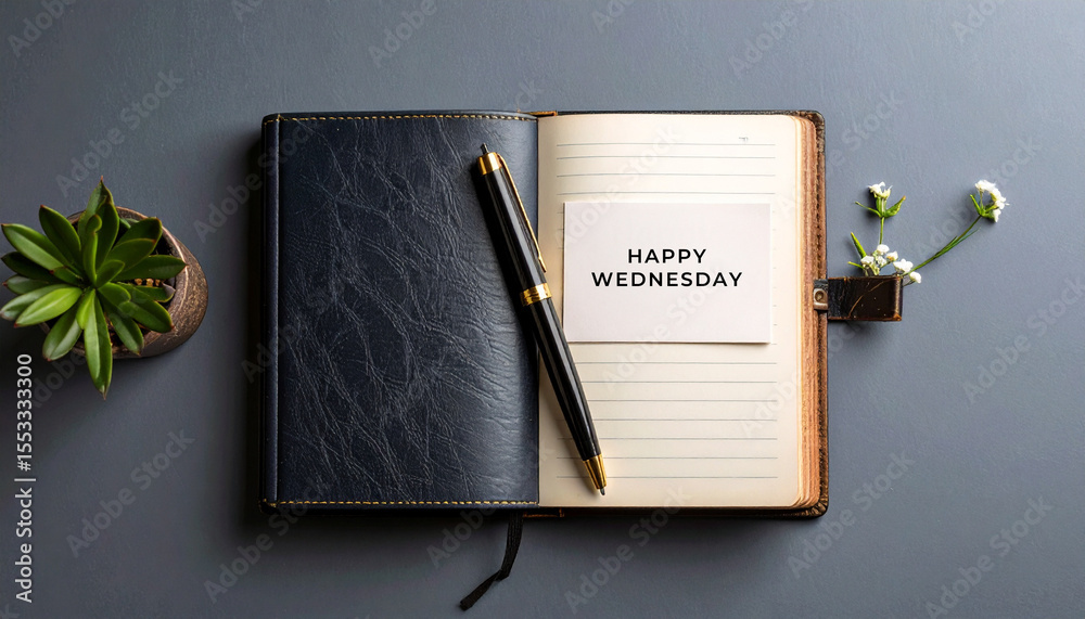 Fototapeta premium Overhead photo of a vintage-style journal with a modern ballpoint pen and a small paper note saying 'HAPPY WEDNESDAY', solid matte gray background