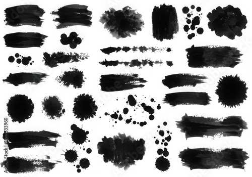 Collection of black ink splatters isolated on transparent background