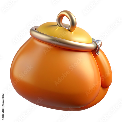 Cartoonish orange coin purse with gold accents isolated on a transparent background
