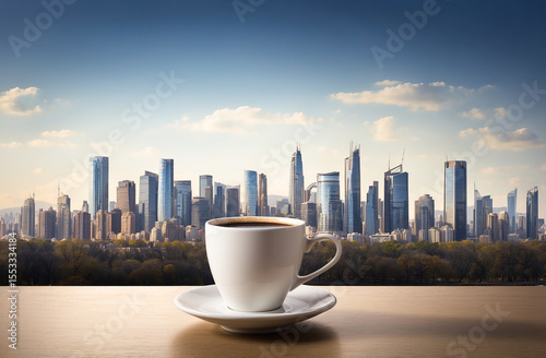 Steaming Coffee Cup Featuring a City Skyline Inside the Rim