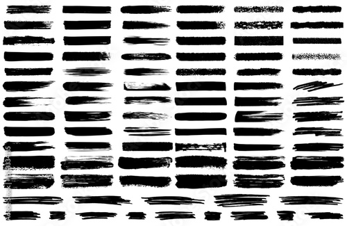 Redaction Brush Grunge Hand-Drawn Brush Strokes Vector Set. Textured paint swashes, ink splatters, artistic lines, and messy underline elements for distressed effects, abstract backgrounds