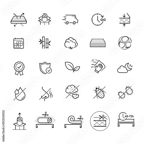 Mattress for sleeping packaging and delivery icon set. The outline icons are well scalable and editable. Contrasting elements are good for different backgrounds. EPS10.	