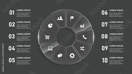 3D Glass Effect Circle Infographic – 10 Step Business Timeline with Clock, Speedometer & Dashboard