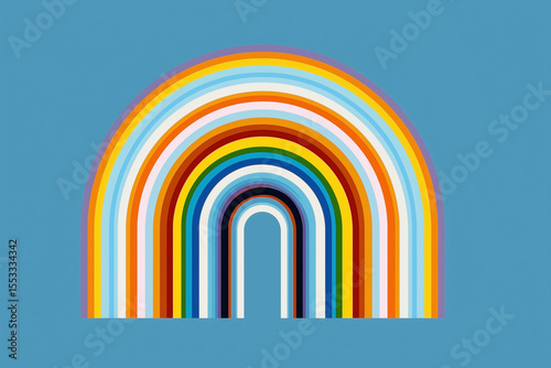 Abstract Mid-Century Modern poster featuring an arch with symmetrical lines and rainbow colors on a blue background
