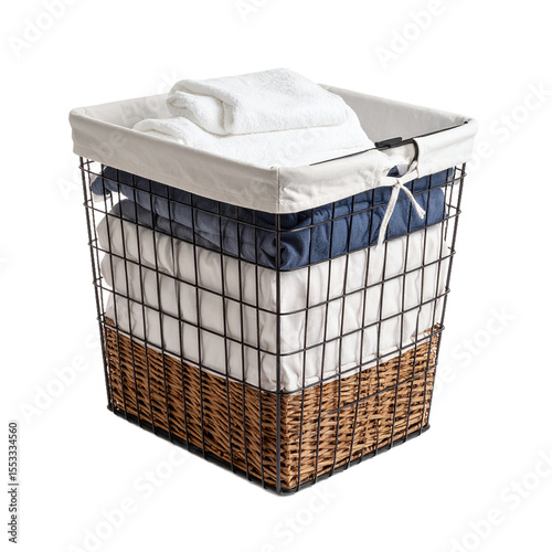 Laundry basket filled with clothes and towels, showcasing domestic organization on transparent background