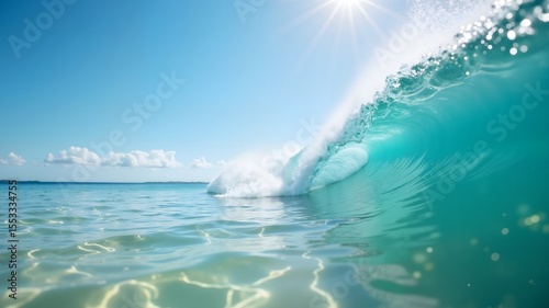 Fototapeta Naklejka Na Ścianę i Meble -  Close up of refreshing clear sea wave on sunny day. Tourism and summer adventures theme
